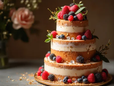 Three Tier Naked Berry Cake With Gold Flakes