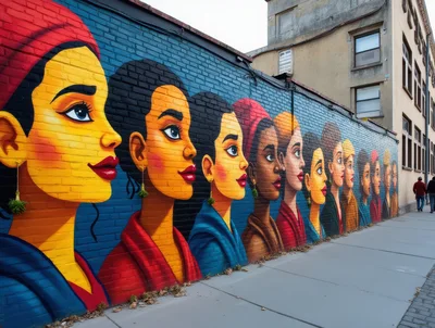 Vibrant Mural Of Diverse Women On A Brick Wall
