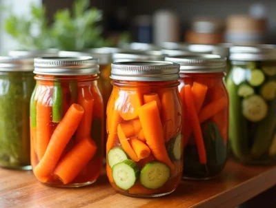 Glass Jars Filled With Pickled Carrots And Cucumbers