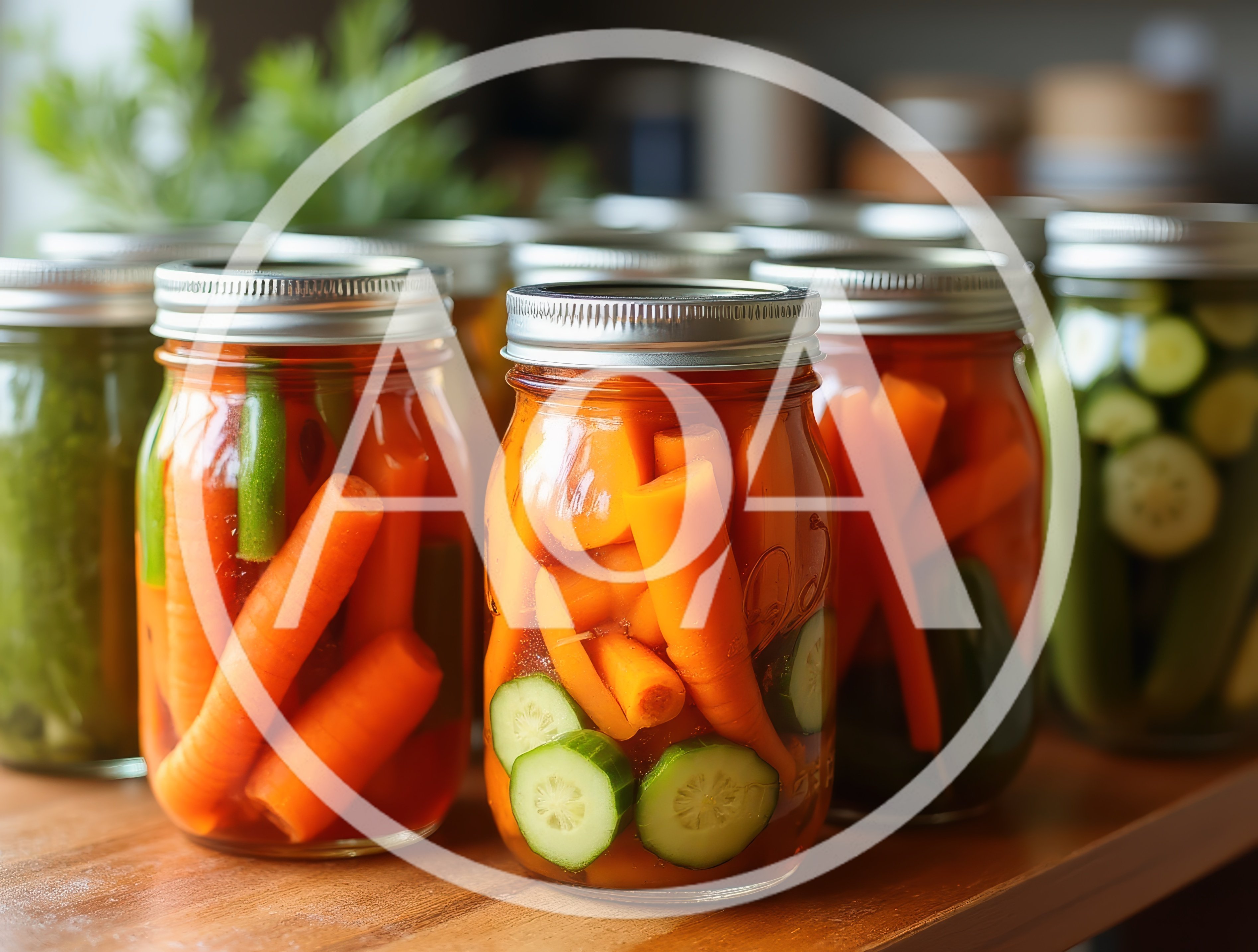 Glass Jars Filled With Pickled Carrots And Cucumbers