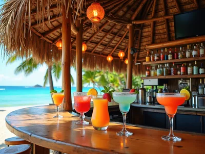 Tropical Cocktails On A Beach Bar Counter