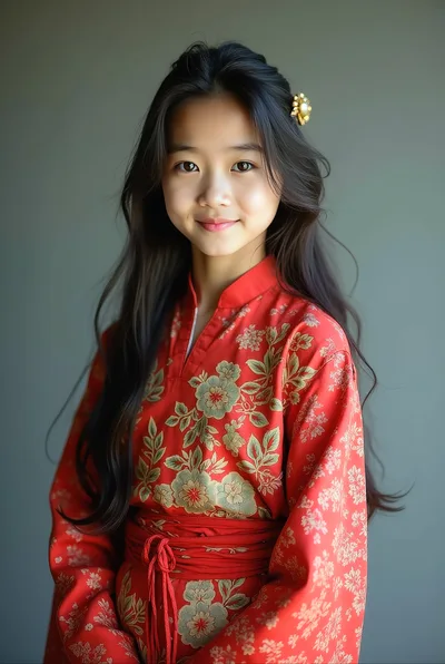 Portrait Of A Young Girl In Traditional Red Clothing