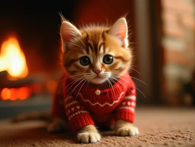 Cute Ginger Kitten Wearing A Red Christmas Sweater