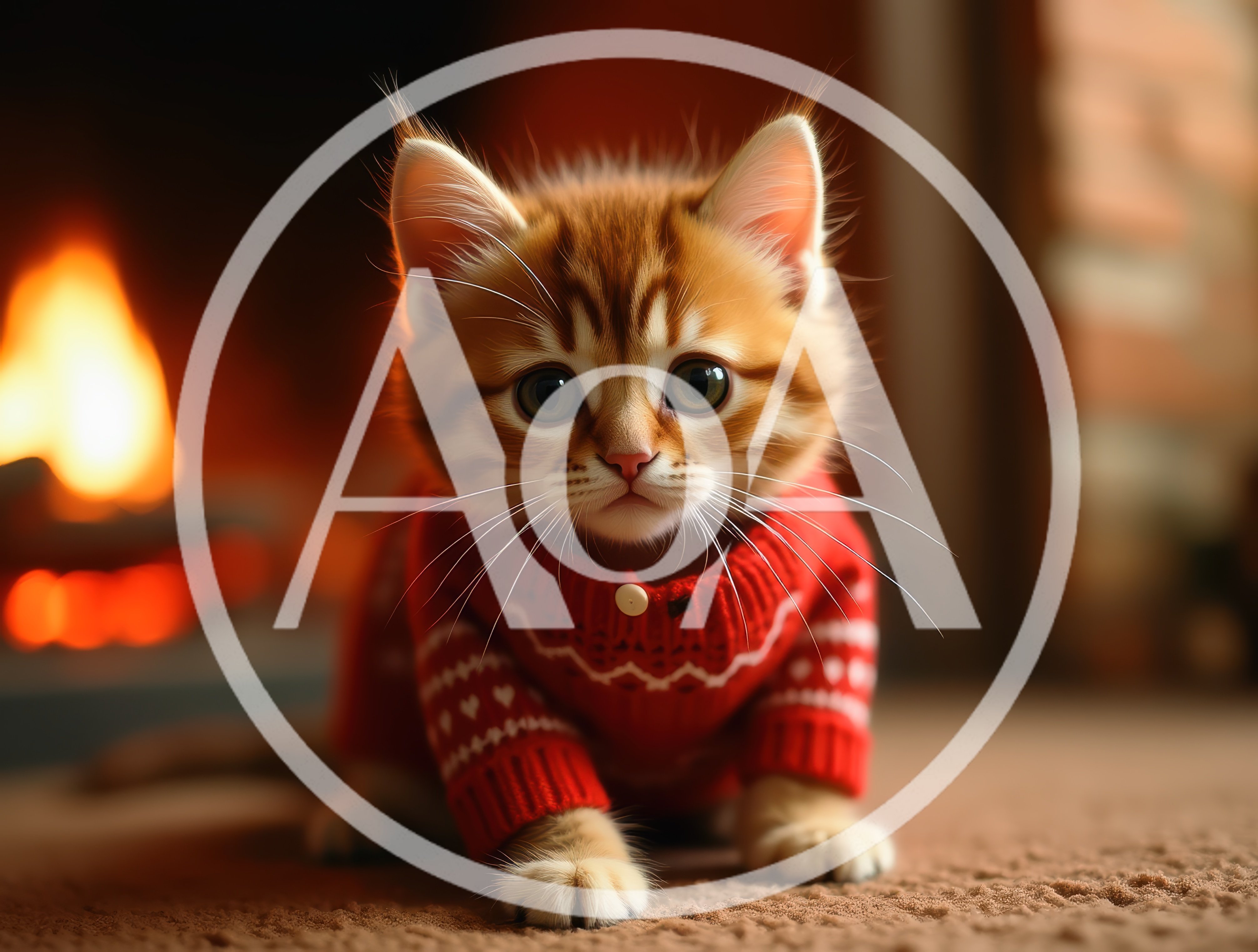 Cute Ginger Kitten Wearing A Red Christmas Sweater