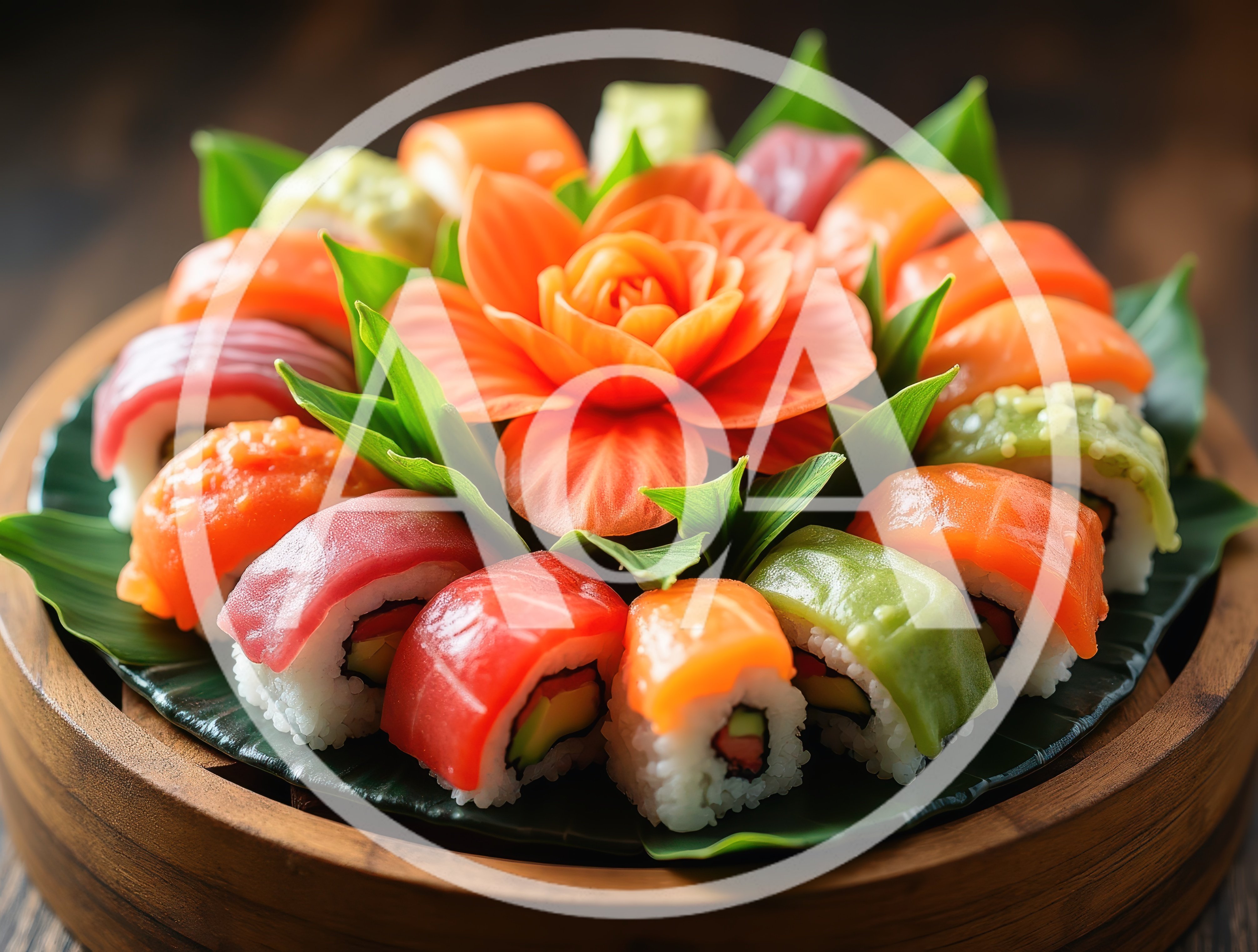 Gourmet Sushi Platter With Decorative Vegetable Flower