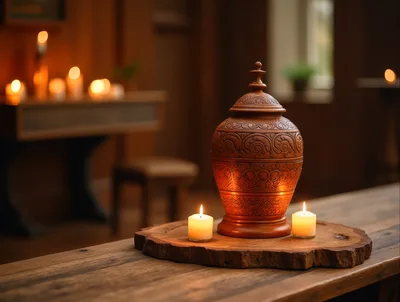 Ornate Ceramic Urn With Lit Candles On Wooden Table