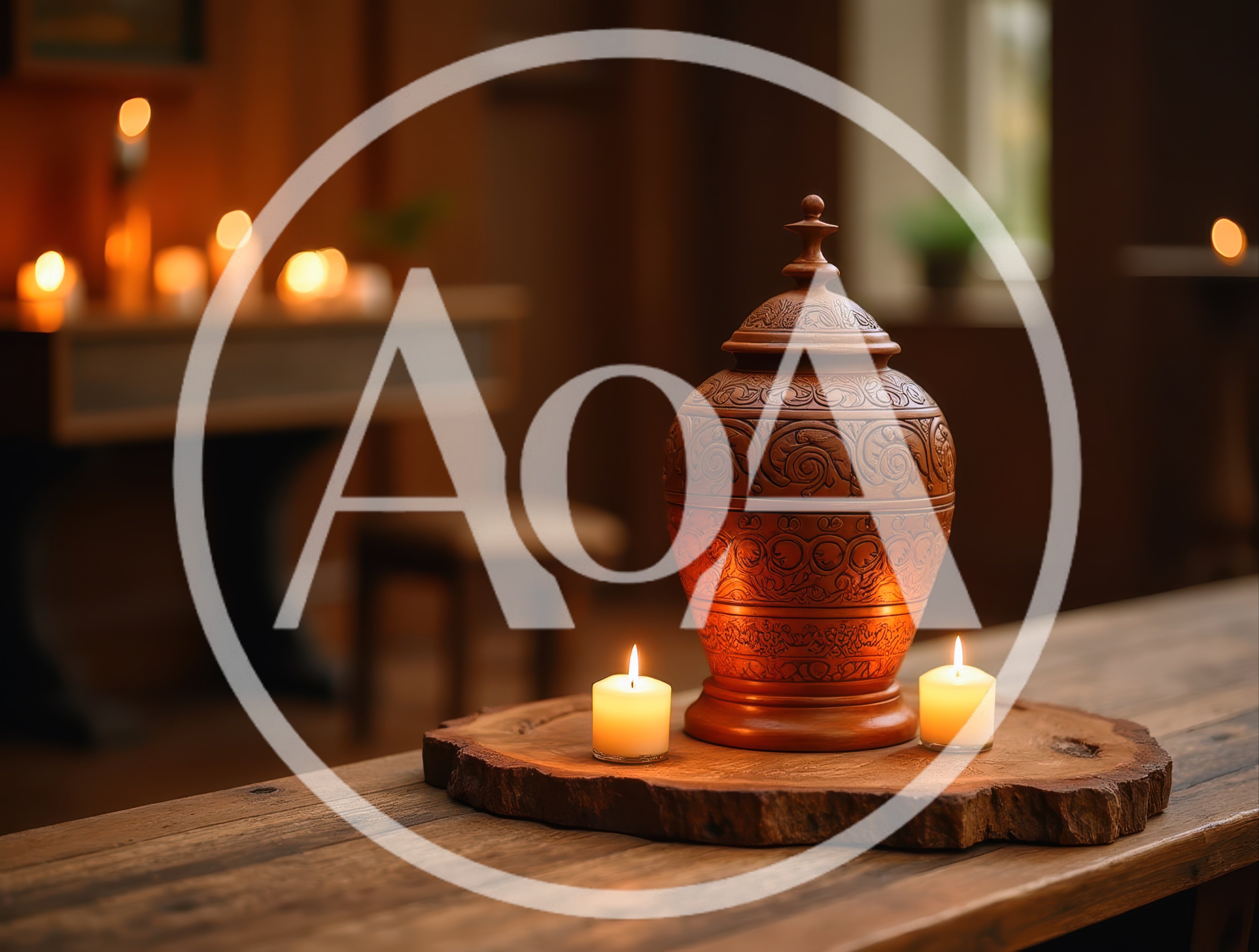 Ornate Ceramic Urn With Lit Candles On Wooden Table