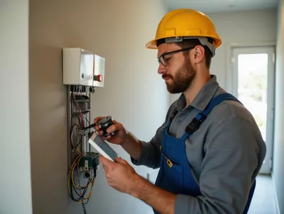 Electrician Inspecting Electrical Panel With Tablet