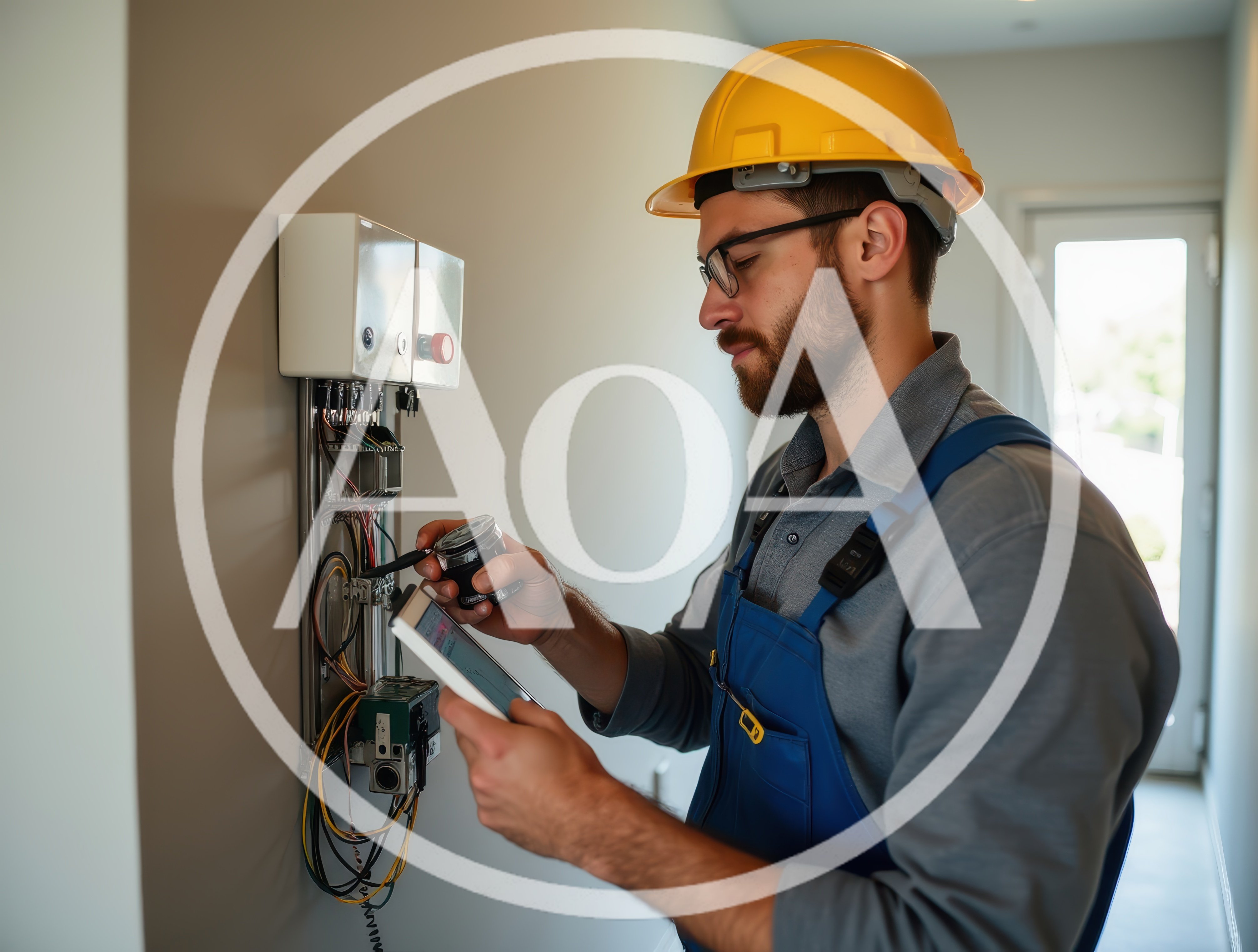 Electrician Inspecting Electrical Panel With Tablet