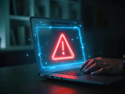 Person Typing On Laptop With Glowing Red Warning Icon
