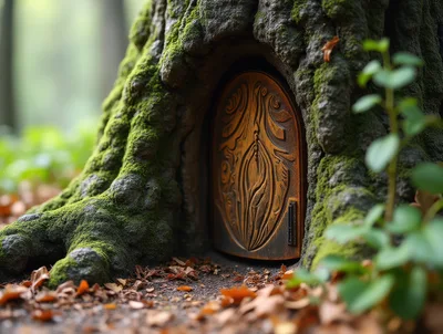 Miniature Fairy Door Carved Into An Ancient Mossy Tree