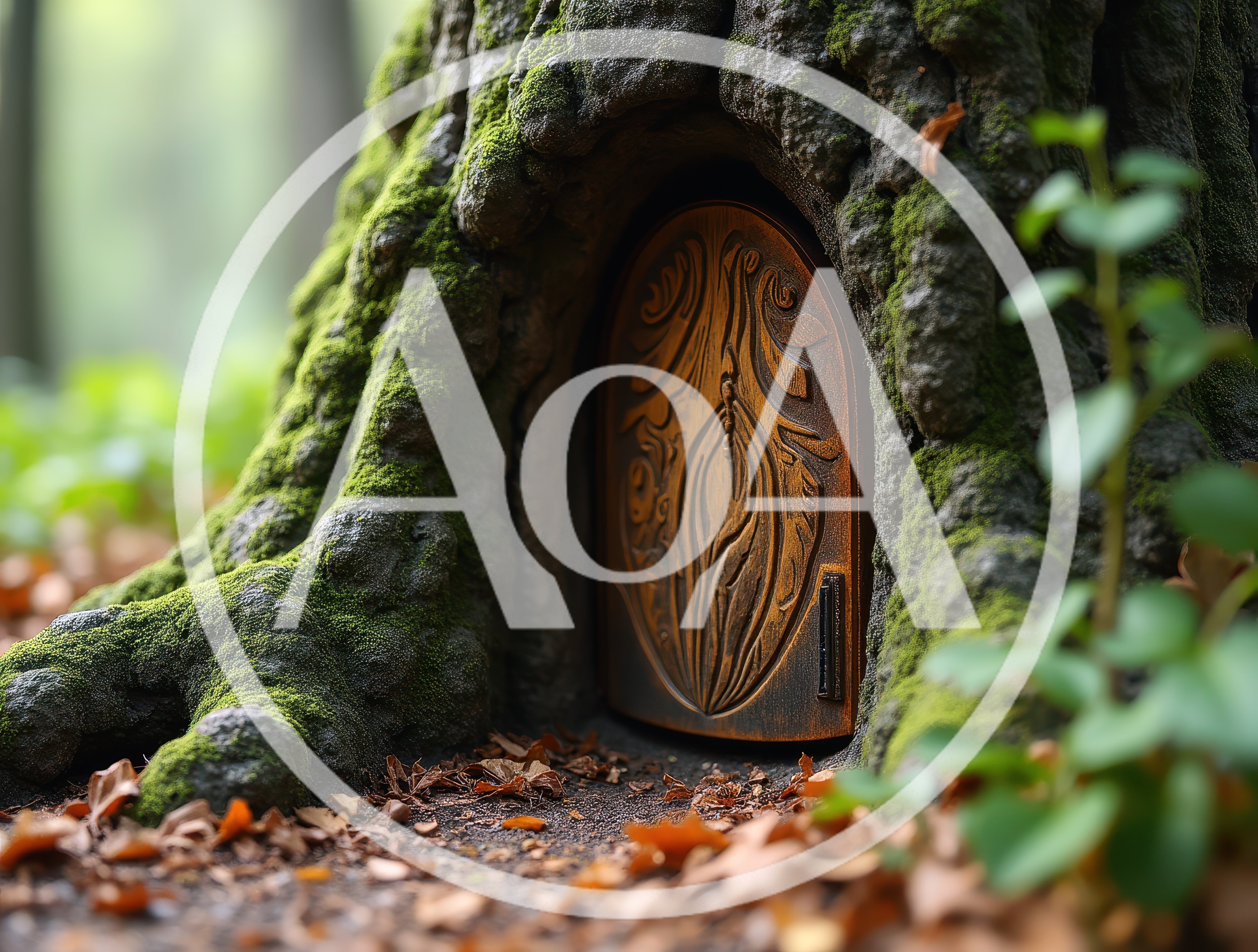 Miniature Fairy Door Carved Into An Ancient Mossy Tree