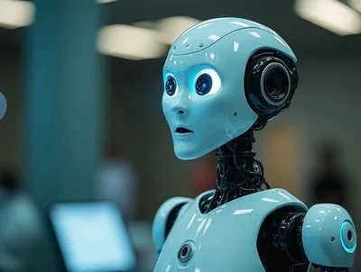 Humanoid Robot With Glowing Eyes In Modern Laboratory