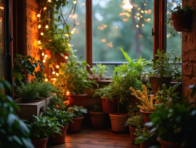Cozy Balcony Garden With Potted Plants And Fairy Lights