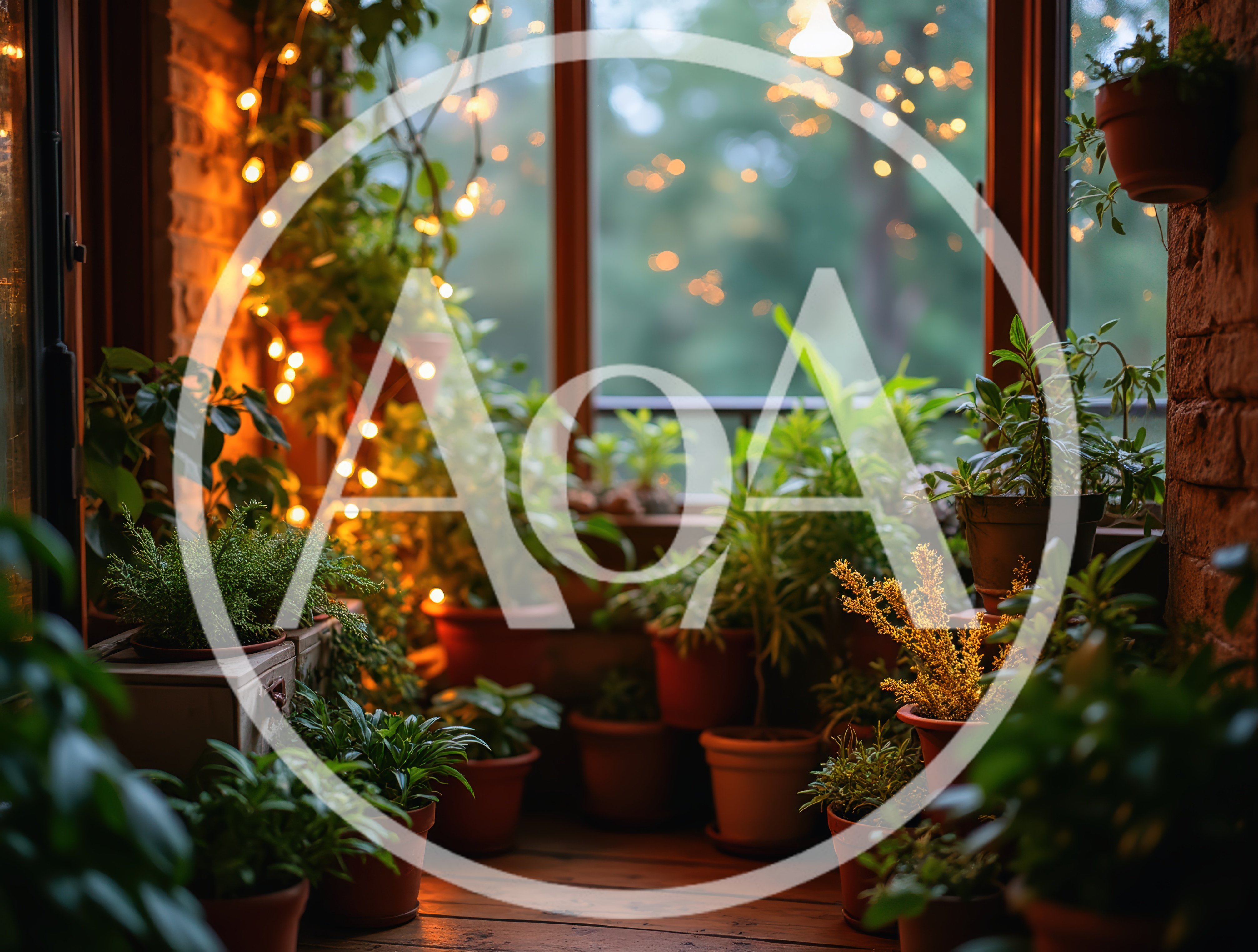 Cozy Balcony Garden With Potted Plants And Fairy Lights