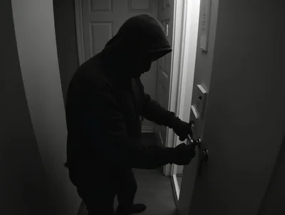 Intruder Wearing Hoodie Picking A Door Lock