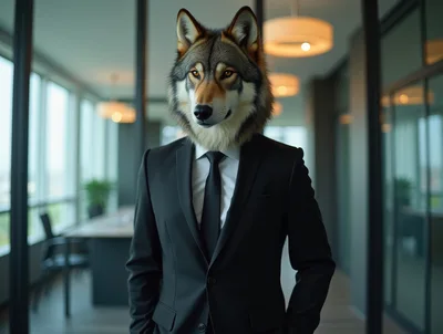 Anthropomorphic Wolf Businessman Standing In Modern Office