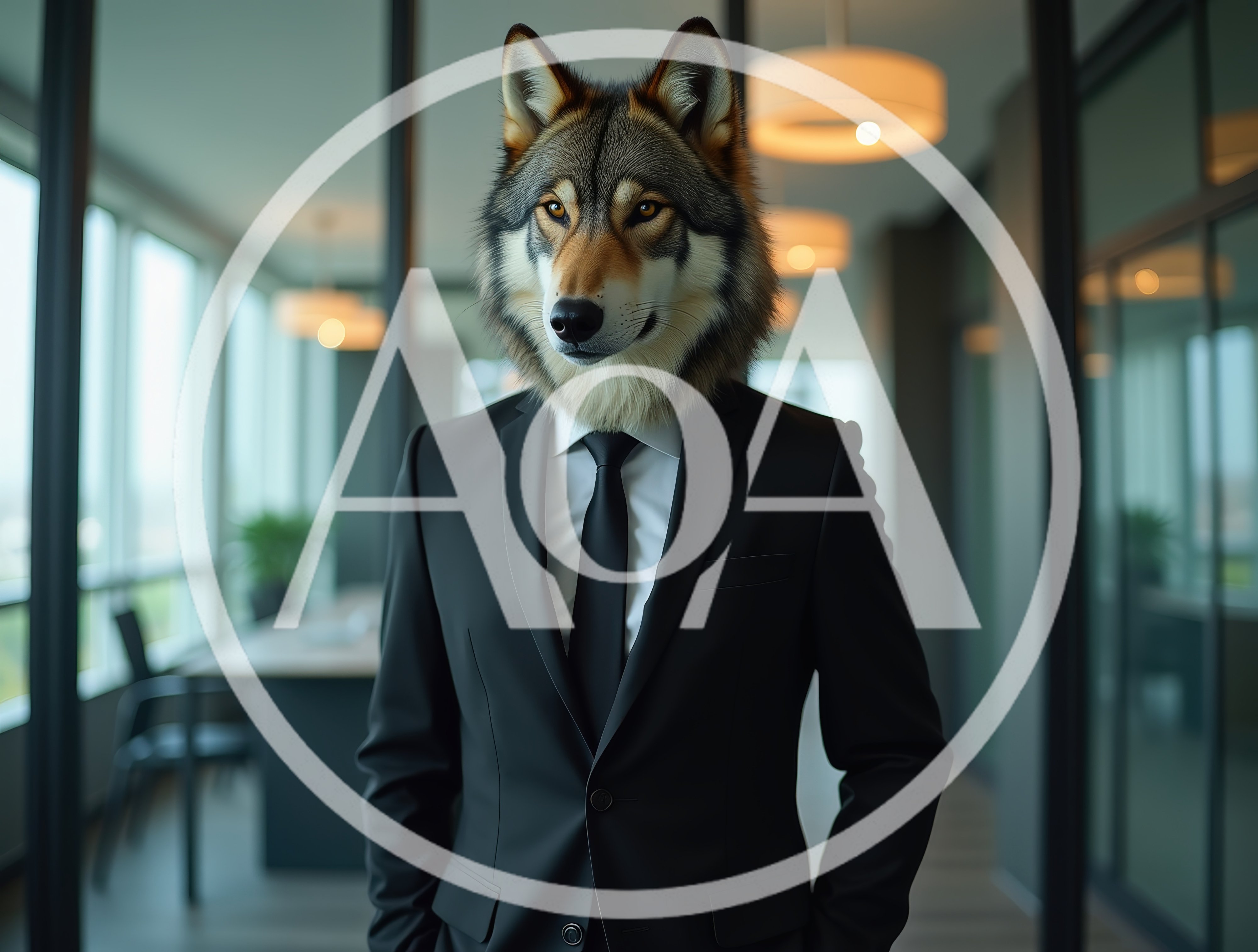 Anthropomorphic Wolf Businessman Standing In Modern Office