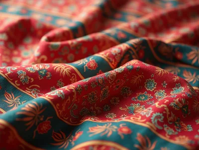 Close Up Of Red And Teal Floral Silk Fabric