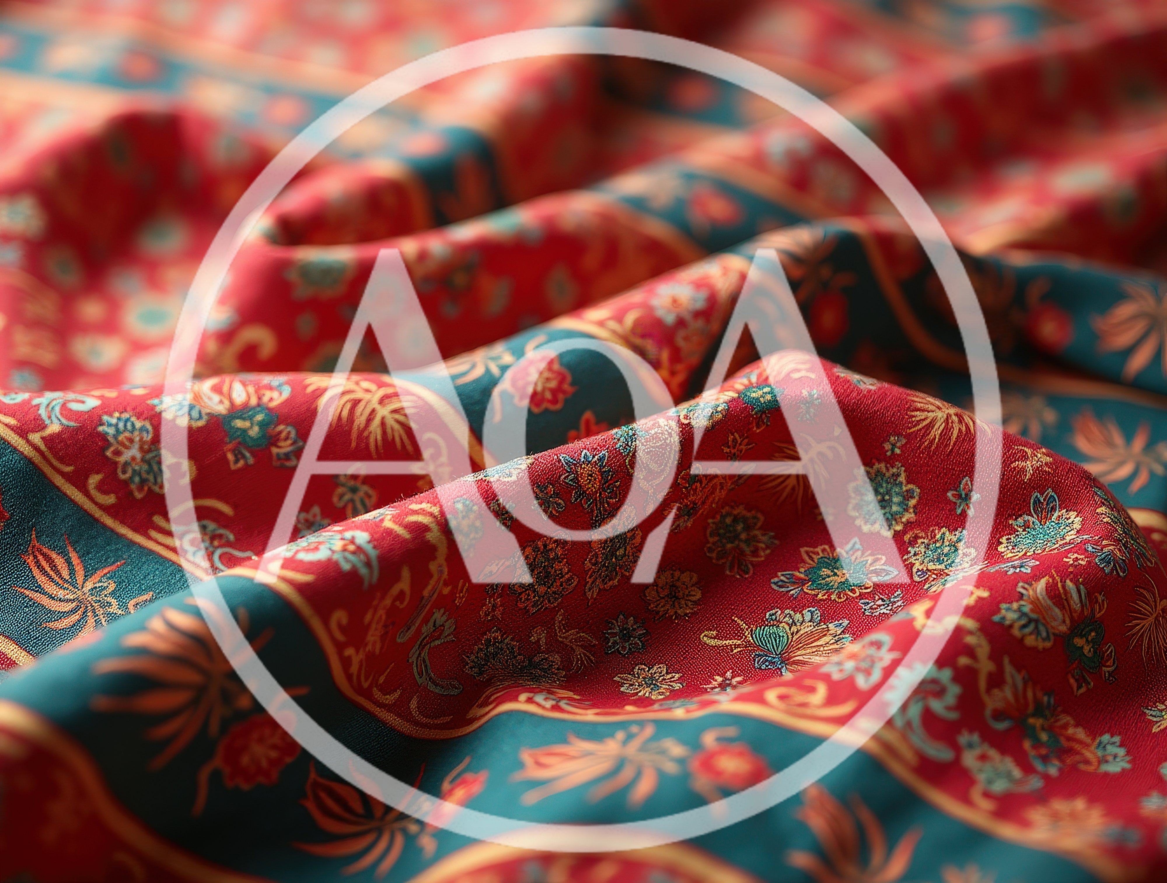 Close Up Of Red And Teal Floral Silk Fabric