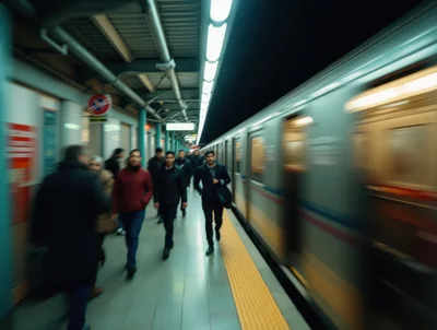 Commuters Walking Along A Subway Platform With Moving Train