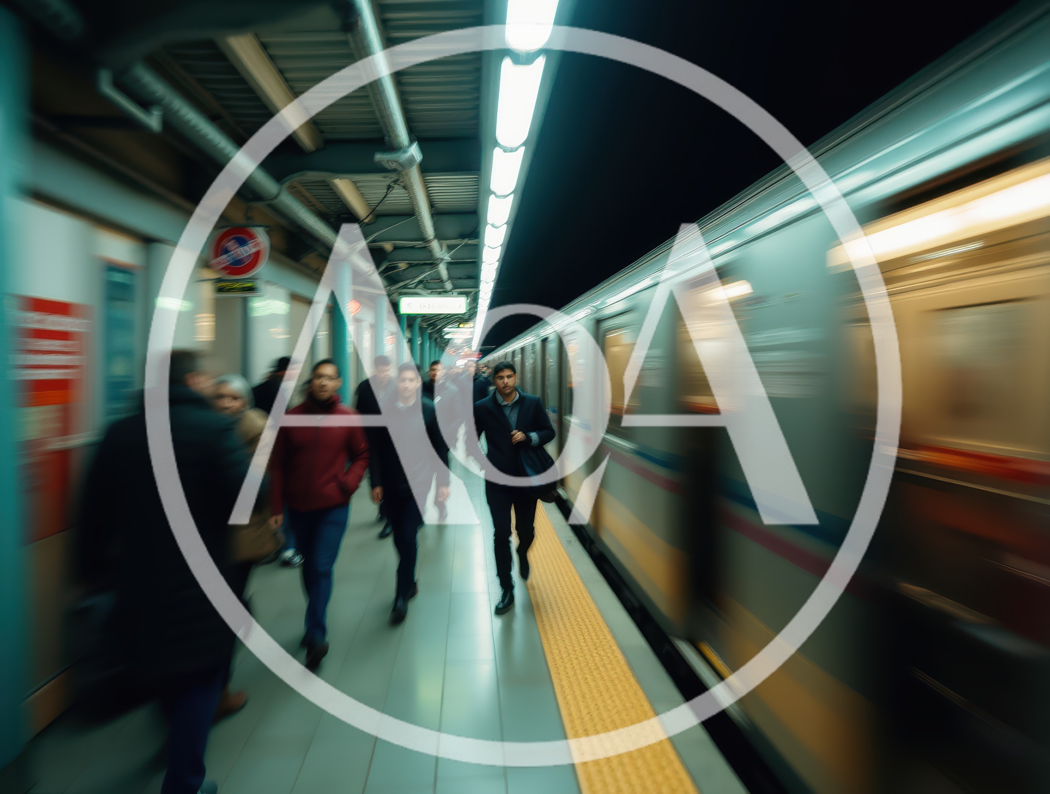 Commuters Walking Along A Subway Platform With Moving Train