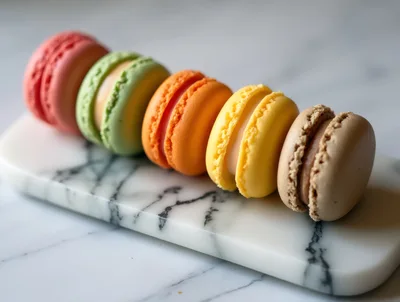 Five Colorful Macarons Arranged On A Marble Board
