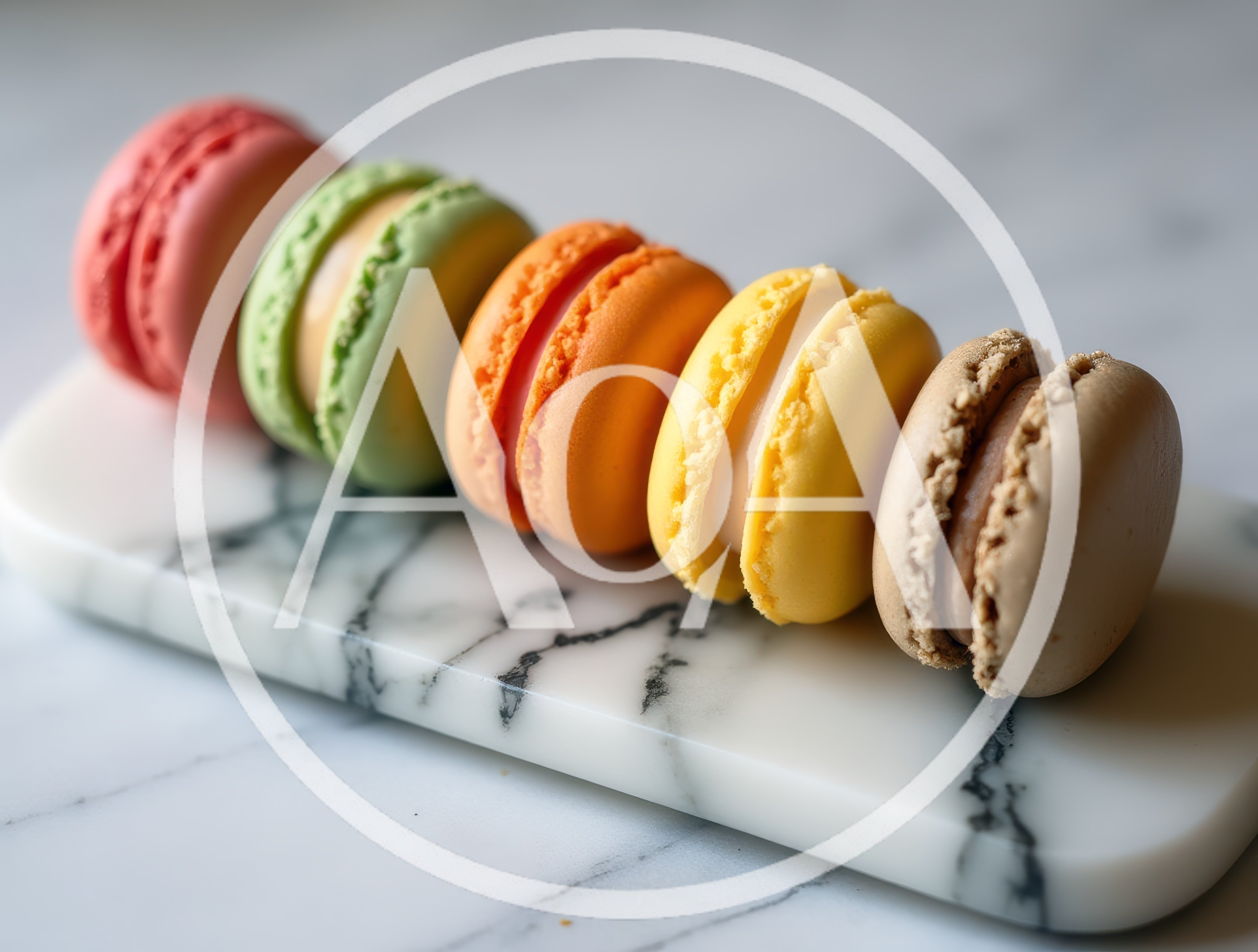 Five Colorful Macarons Arranged On A Marble Board