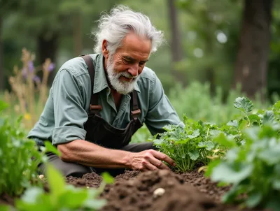 Senior Man Gardening In A Lush Vegetable Patch
