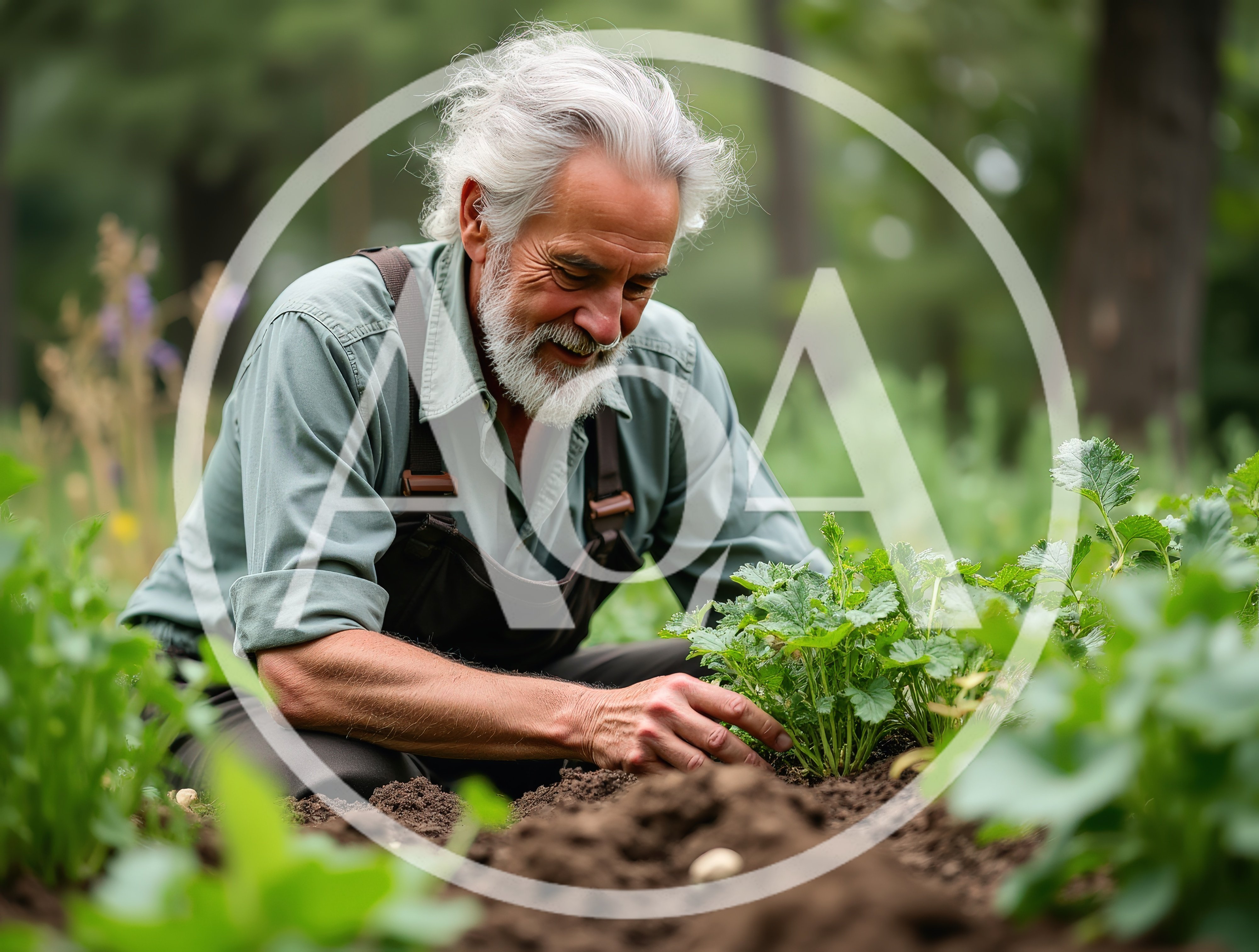 Senior Man Gardening In A Lush Vegetable Patch