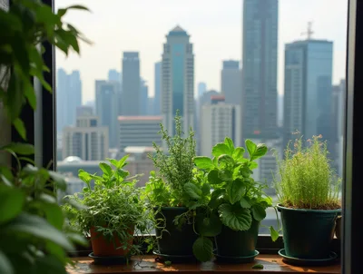 Potted Herbs On A Sunny Apartment Window Sill