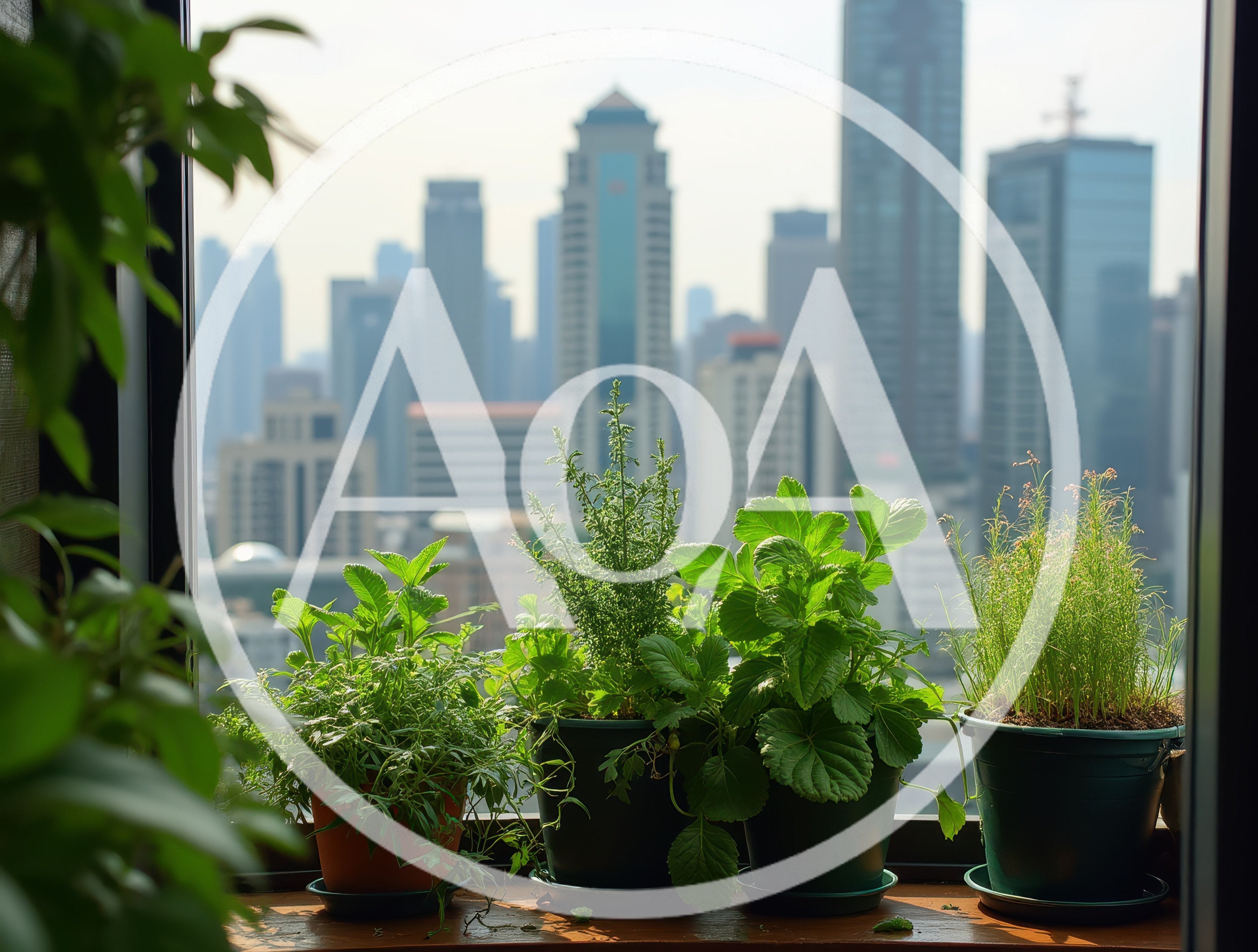 Potted Herbs On A Sunny Apartment Window Sill