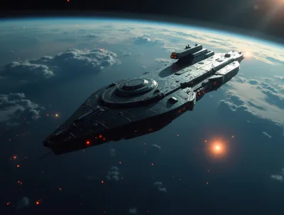 Futuristic Spaceship Orbiting Above A Cloud Covered Planet