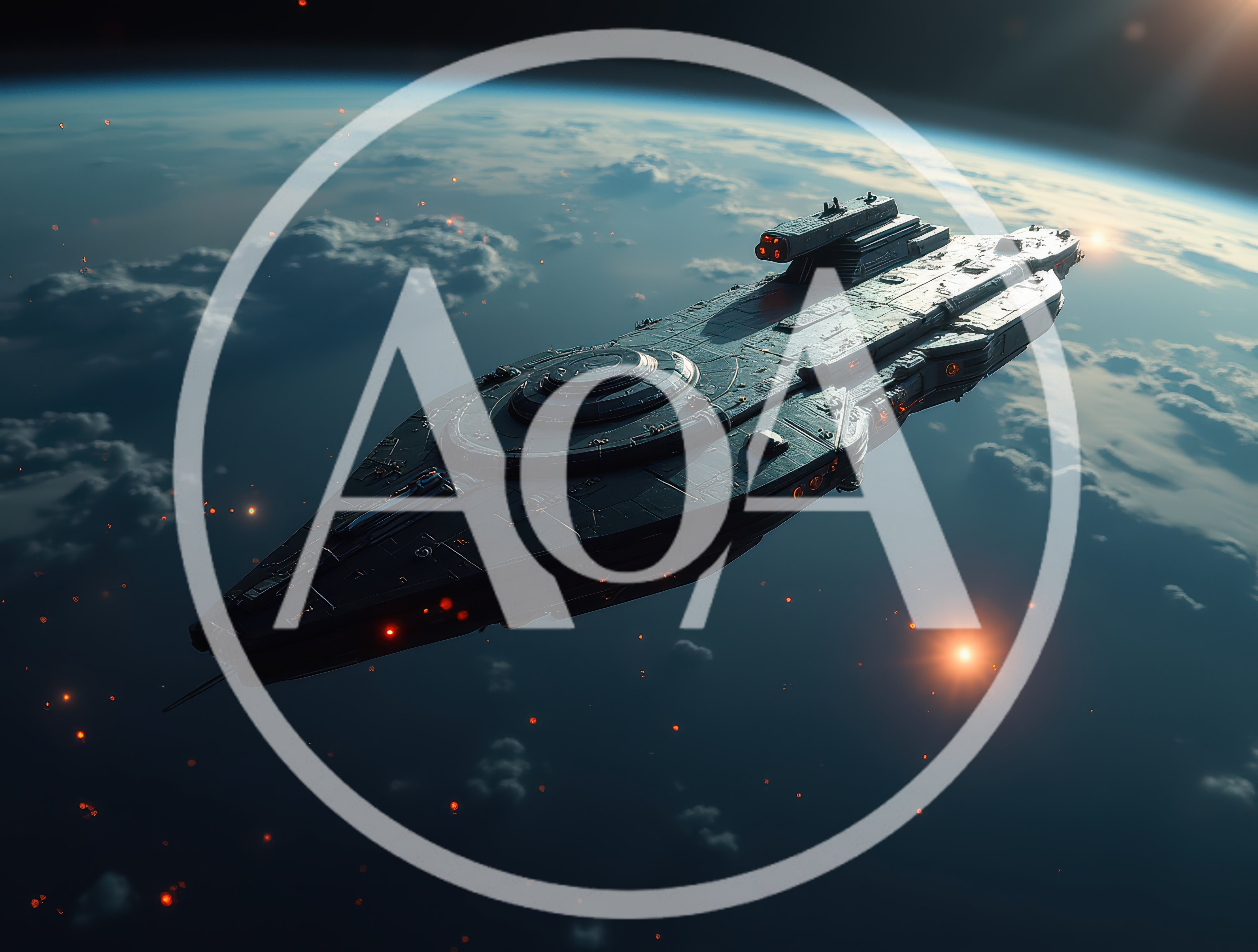 Futuristic Spaceship Orbiting Above A Cloud Covered Planet