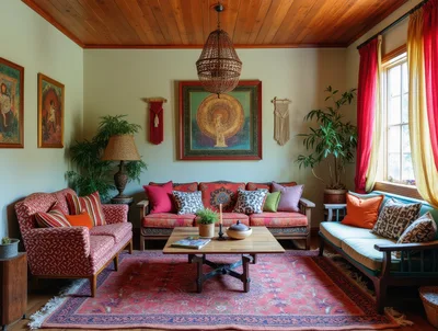 Bohemian Living Room With Eclectic Decor And Furniture