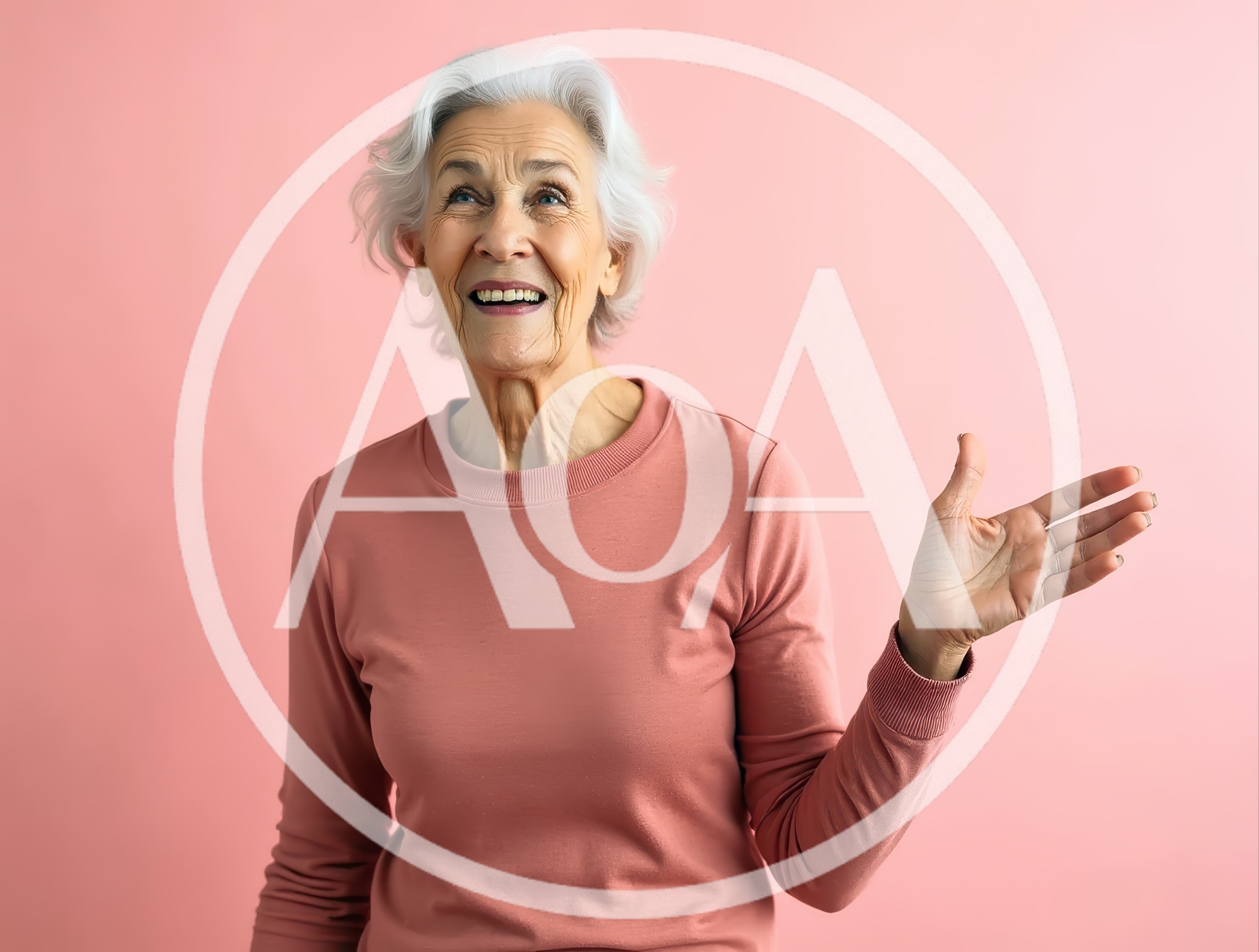 Senior Woman Gesturing With Hand Against Pink Background