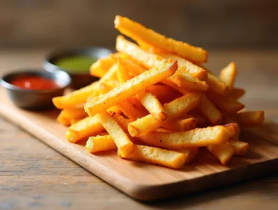 Golden Crispy French Fries On A Wooden Board
