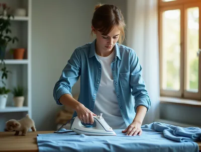 Young Woman Ironing Blue Fabric At Home
