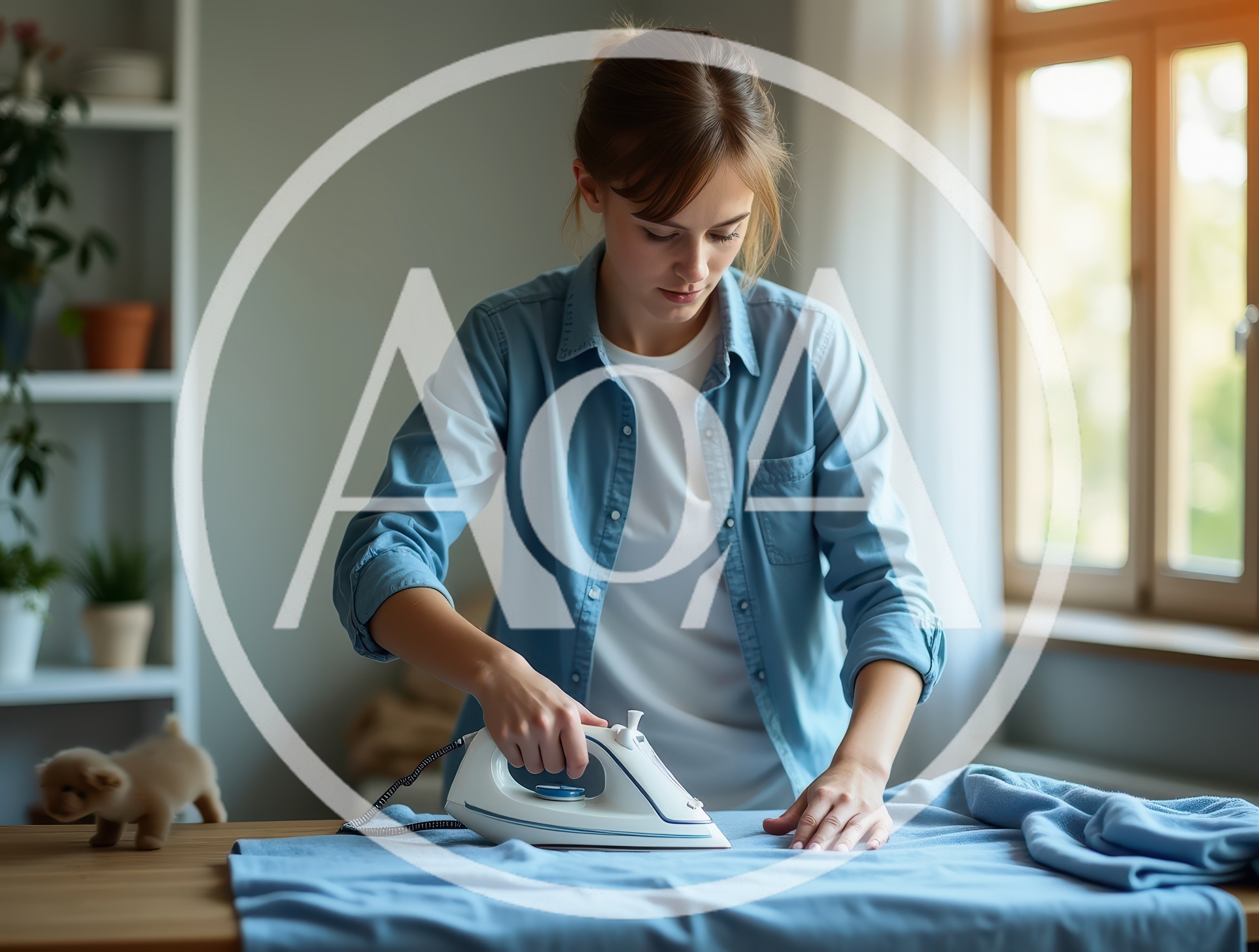 Young Woman Ironing Blue Fabric At Home