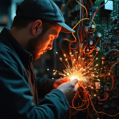 Technician Working On Glowing Fiber Optic Cables