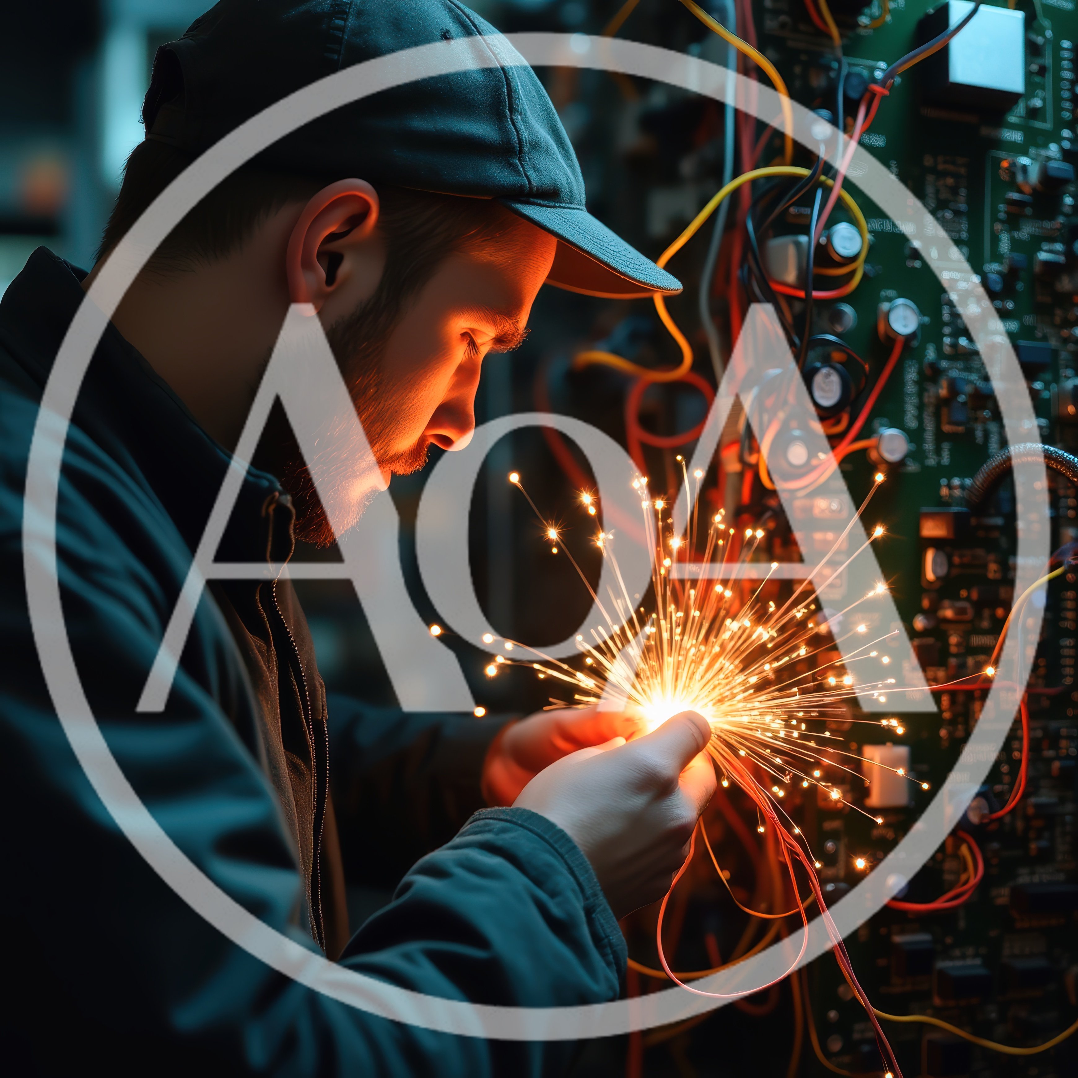Technician Working On Glowing Fiber Optic Cables