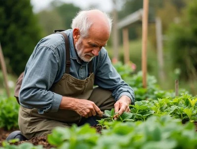 Elderly Man Gardening and Pruning Strawberry Plants