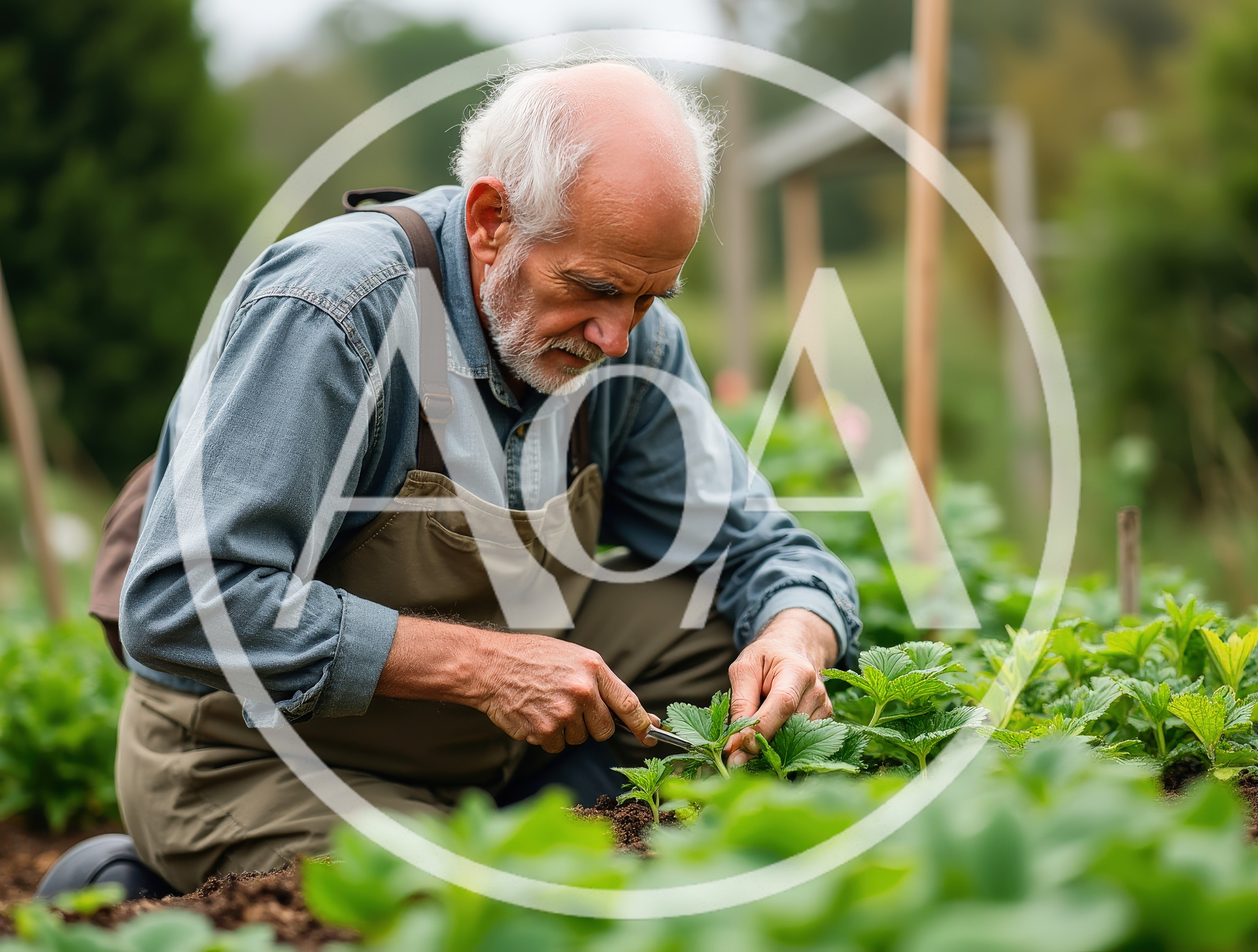 Elderly Man Gardening and Pruning Strawberry Plants