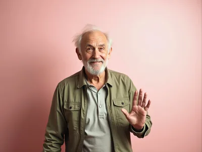 Senior Man Waving Hello Against Pink Background