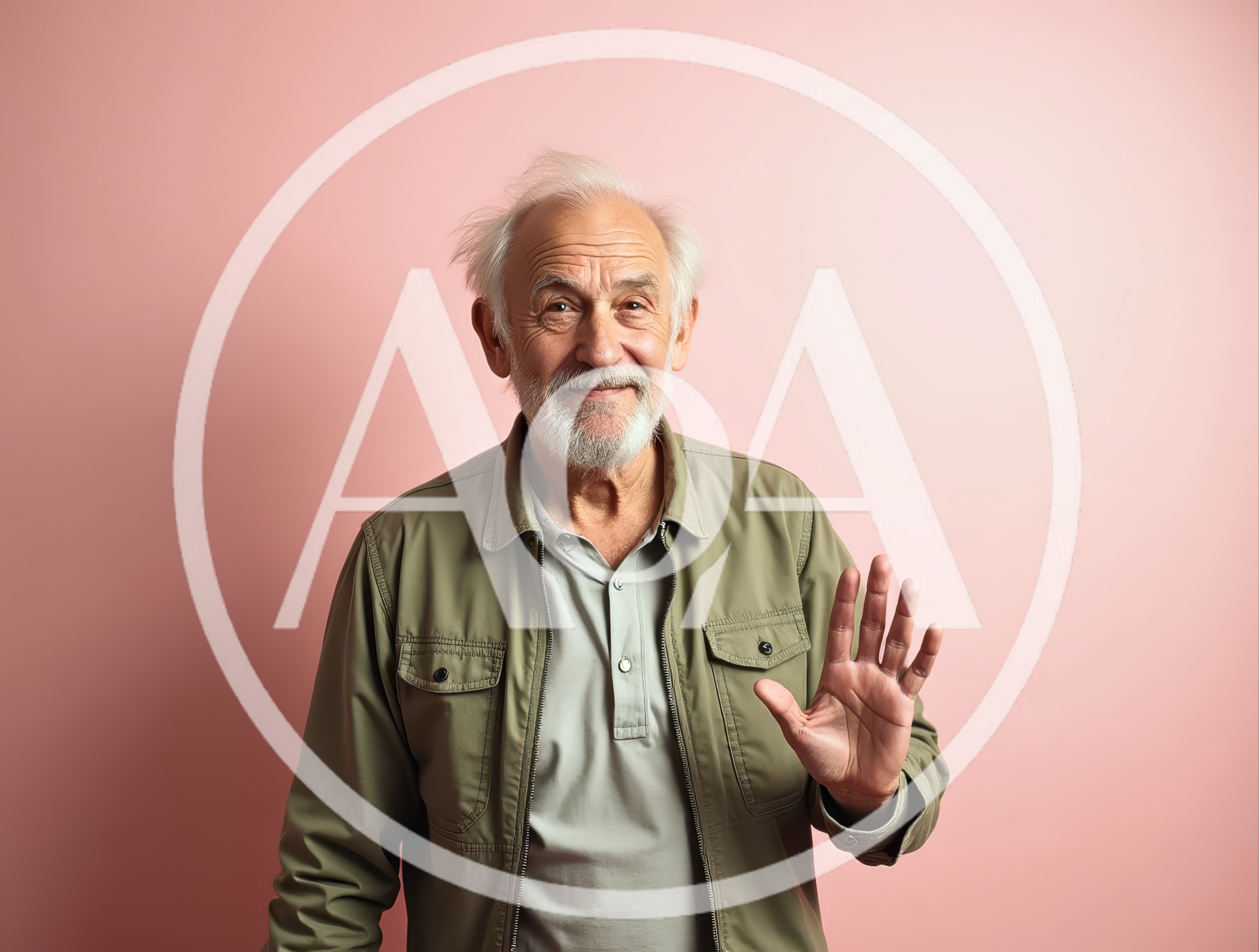 Senior Man Waving Hello Against Pink Background