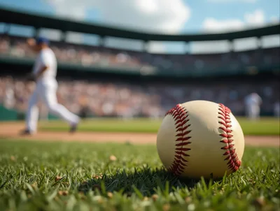 Baseball Resting On The Grass At A Stadium