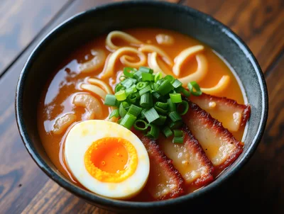 Bowl Of Spicy Ramen With Egg And Pork
