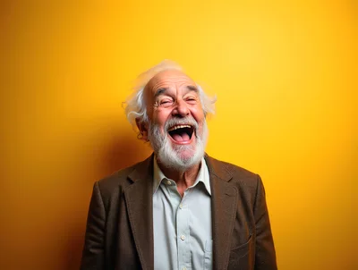Laughing Elderly Man With White Beard And Brown Jacket