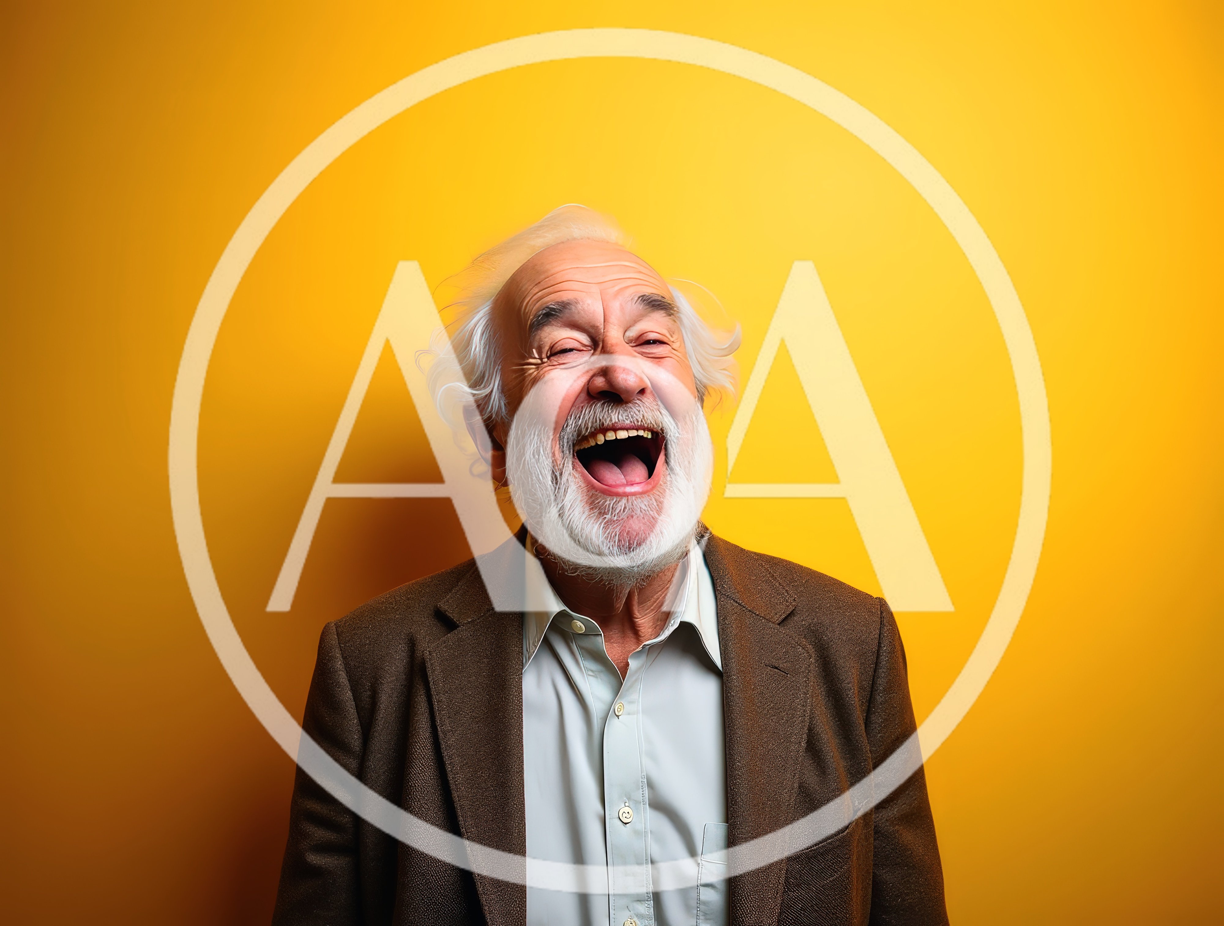 Laughing Elderly Man With White Beard And Brown Jacket