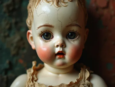 Close Up Portrait Of A Vintage Cracked Doll